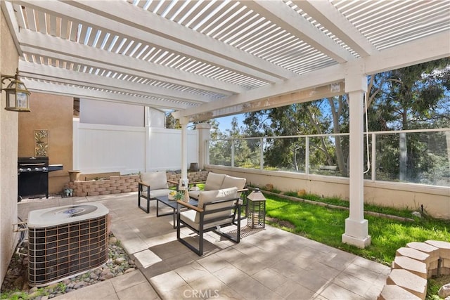 view of patio / terrace with a grill, outdoor lounge area, fence, and central air condition unit