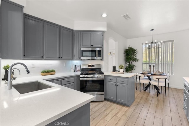 kitchen featuring gray cabinetry, a sink, visible vents, light countertops, and appliances with stainless steel finishes