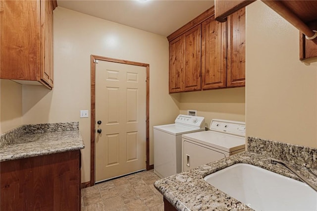 487 Fallen Leaf Rd, Big Bear Lake, CA 92315 - laundry room with separate washer and dryer, a sink, cabinet space, and baseboards