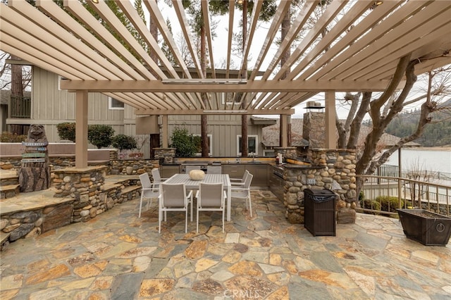 view of patio / terrace with outdoor dining area, a water view, area for grilling, fence, and a pergola