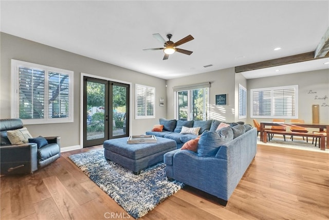 2480 Oak Ave, Corona, CA 92882 - living area featuring ceiling fan, light wood finished floors, recessed lighting, baseboards, and french doors