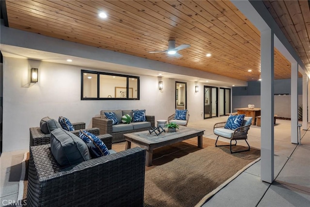 living area featuring recessed lighting, ceiling fan, and wood ceiling