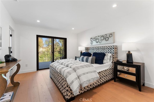 bedroom with access to outside, baseboards, light wood finished floors, and recessed lighting