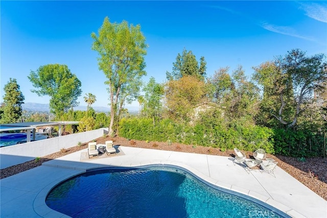 view of swimming pool with a fenced in pool, fence, and a patio