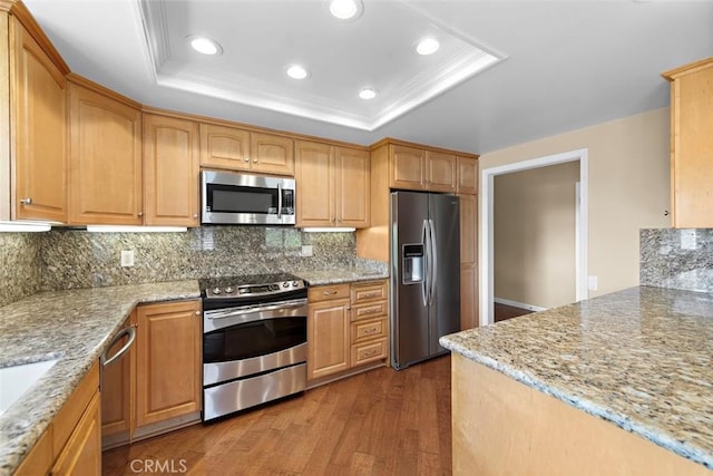 kitchen with stainless steel appliances, dark wood-style flooring, decorative backsplash, light stone countertops, and a raised ceiling