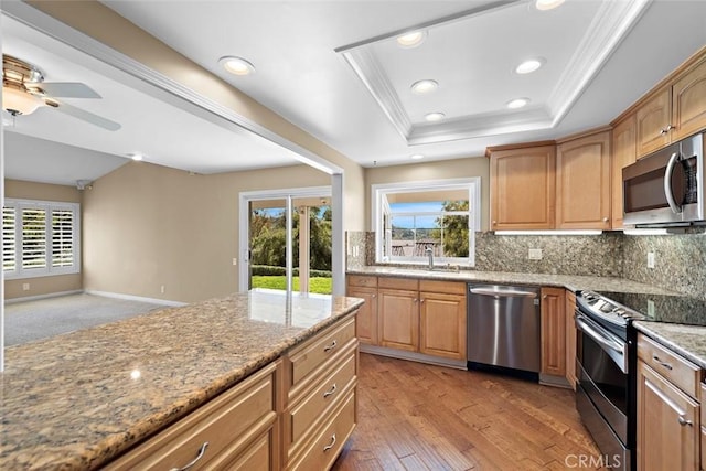 kitchen featuring appliances with stainless steel finishes, a raised ceiling, a sink, and light stone counters