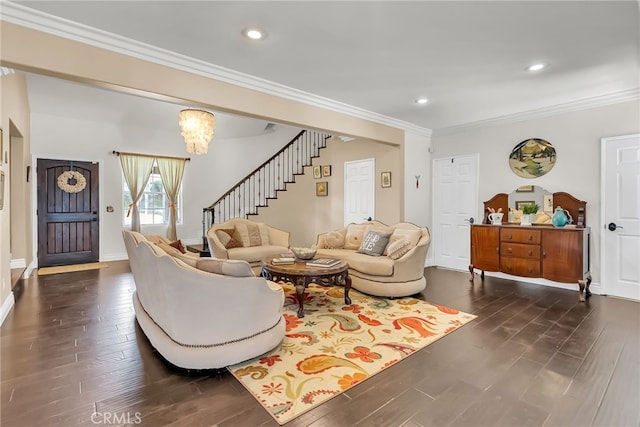7384 Golden Star Ave, Riverside, CA 92506 - living area featuring recessed lighting, stairway, dark wood-style flooring, and ornamental molding