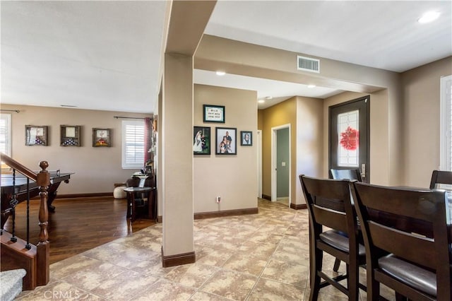 dining area featuring recessed lighting, visible vents, baseboards, stairs, and light wood finished floors