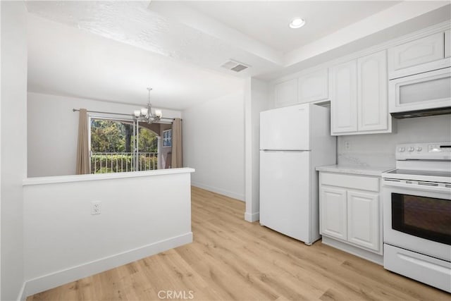 kitchen featuring white cabinets, visible vents, white appliances, light wood-style flooring, and a notable chandelier