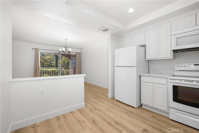 4012 Calle Sonora Oeste Unit 1B, Laguna Woods, CA 92637 - kitchen with white appliances, white cabinets, a chandelier, light wood-style floors, and light countertops