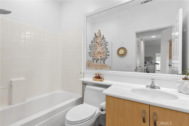 full bath featuring visible vents, shower / tub combination, vanity, and toilet