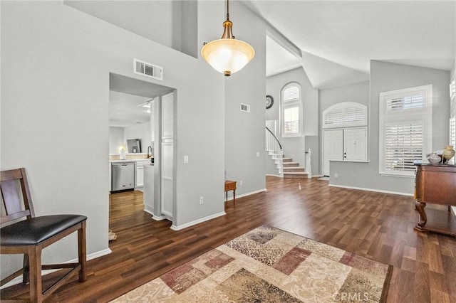 entryway featuring dark wood-style floors, visible vents, stairway, and baseboards