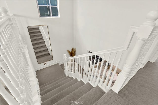 staircase featuring carpet