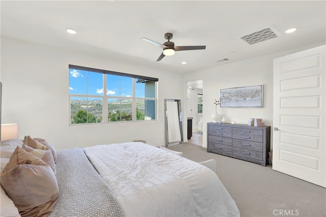 bedroom featuring carpet floors, ceiling fan, visible vents, and recessed lighting