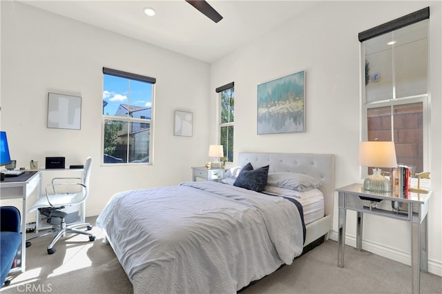 carpeted bedroom featuring recessed lighting, ceiling fan, and baseboards