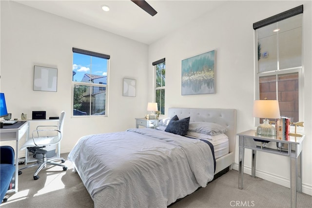 bedroom featuring recessed lighting, baseboards, carpet, and ceiling fan