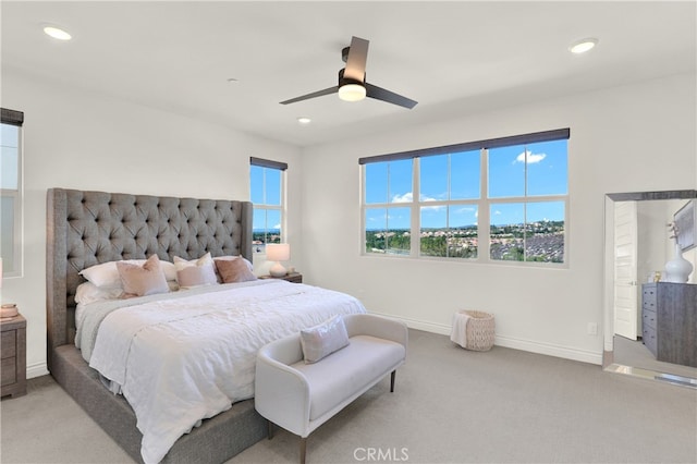 bedroom featuring carpet floors, recessed lighting, and baseboards