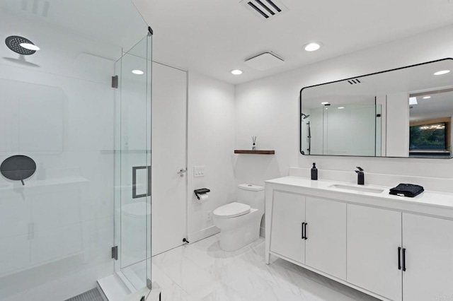 full bath with marble finish floor, visible vents, toilet, a stall shower, and vanity