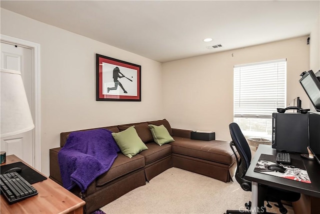 carpeted office space featuring visible vents and recessed lighting