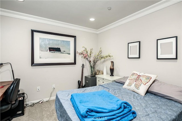 bedroom with baseboards, recessed lighting, light colored carpet, and crown molding