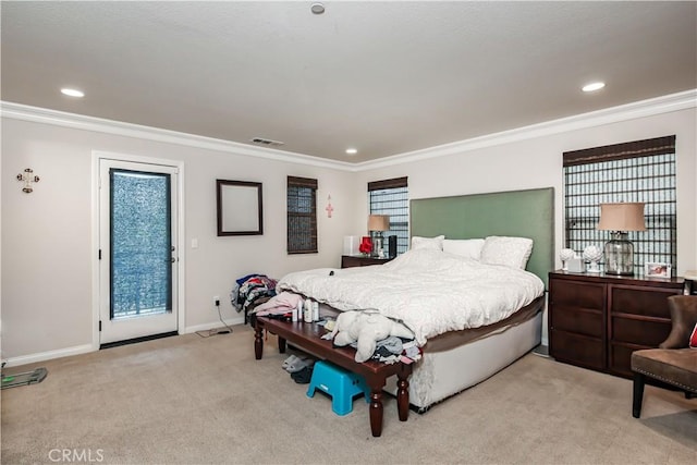 carpeted bedroom with access to exterior, baseboards, visible vents, and crown molding