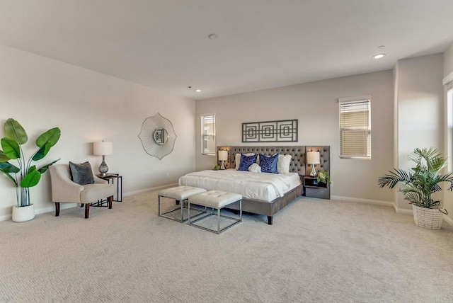 bedroom with carpet, baseboards, and recessed lighting