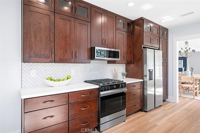 kitchen with stainless steel appliances, tasteful backsplash, light countertops, a chandelier, and light wood-type flooring