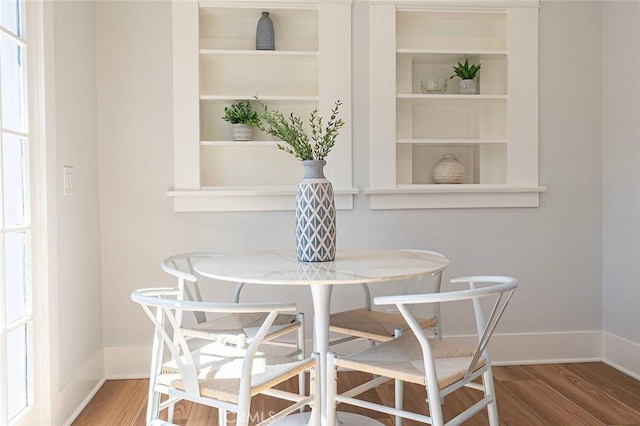 dining area with breakfast area, wood finished floors, and baseboards