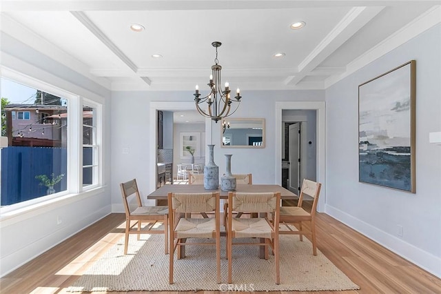 dining room featuring beamed ceiling, coffered ceiling, light wood-style flooring, and baseboards