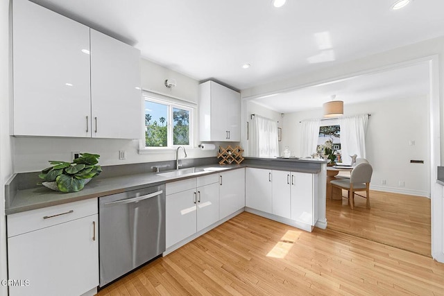 kitchen featuring a peninsula, stainless steel dishwasher, a sink, and white cabinetry