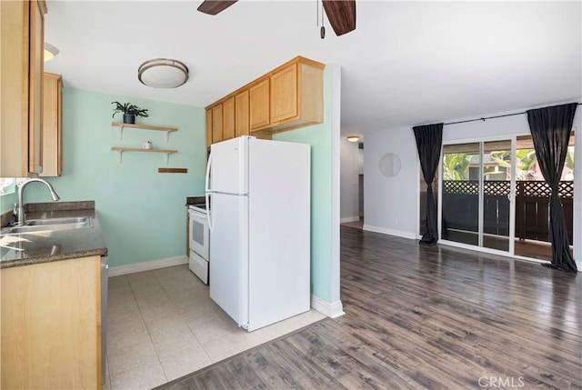 3535 Madison Ave, Unit San Diego, CA 92116 - kitchen with white appliances, a sink, ceiling fan, baseboards, and open shelves