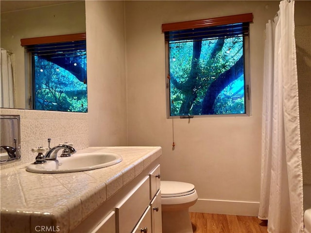 bathroom with toilet, wood finished floors, vanity, baseboards, and tasteful backsplash