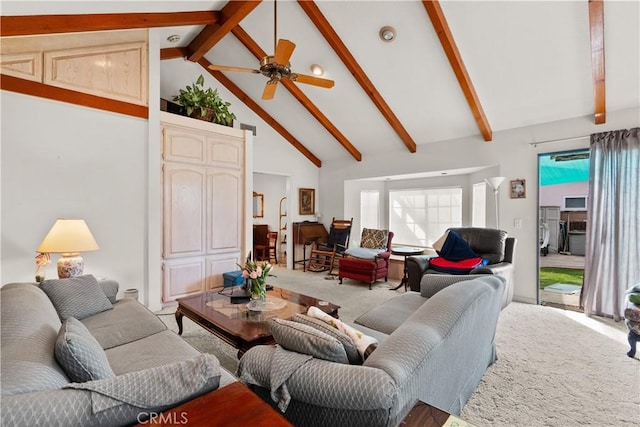 living room with light carpet, high vaulted ceiling, beamed ceiling, and ceiling fan