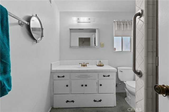 full bath with toilet, baseboards, and vanity