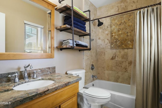 bathroom with vanity, toilet, and shower / bathtub combination with curtain