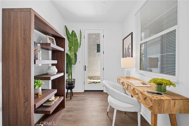 home office with wood finished floors, a wealth of natural light, and baseboards