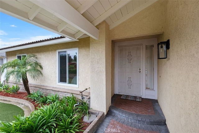 view of exterior entry featuring stucco siding