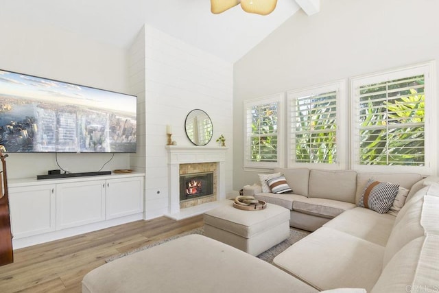 living area featuring plenty of natural light, a fireplace, light wood-type flooring, and high vaulted ceiling