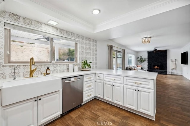 kitchen featuring dark wood-style floors, a sink, a peninsula, and stainless steel dishwasher