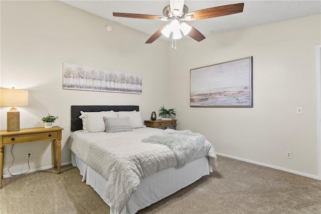 bedroom featuring carpet flooring, a ceiling fan, and baseboards