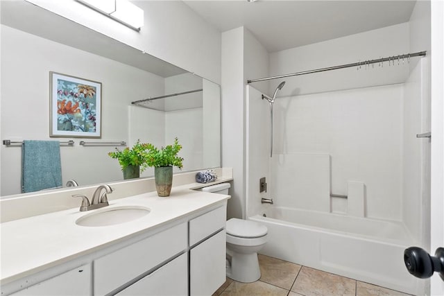 full bath with vanity, bathing tub / shower combination, tile patterned flooring, and toilet