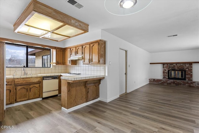 kitchen featuring visible vents, tile countertops, white dishwasher, under cabinet range hood, and a sink