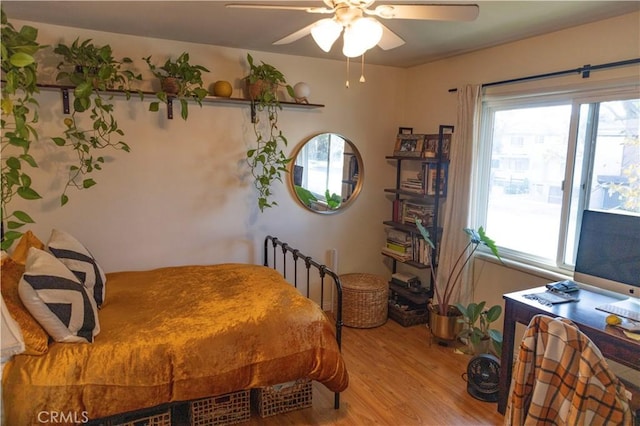 bedroom with multiple windows, wood finished floors, and a ceiling fan