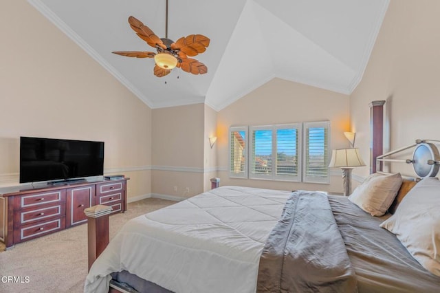 bedroom featuring a ceiling fan, lofted ceiling, light colored carpet, and ornamental molding