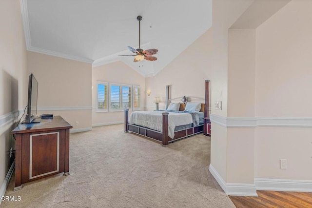 bedroom with crown molding, baseboards, carpet floors, and high vaulted ceiling