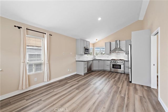 kitchen featuring light wood-style flooring, stainless steel appliances, gray cabinets, wall chimney exhaust hood, and tasteful backsplash