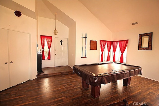 game room with high vaulted ceiling, pool table, visible vents, and dark wood finished floors