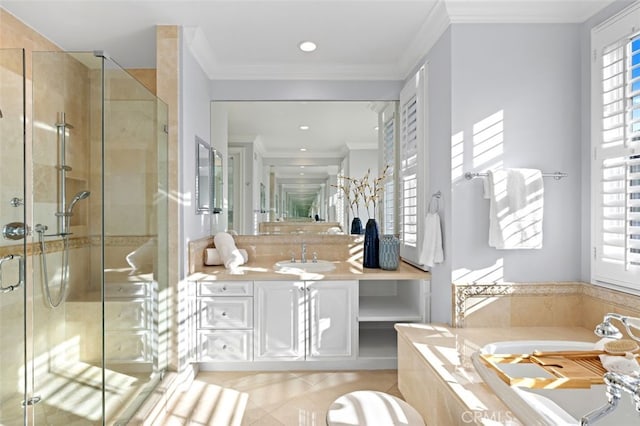 full bath with tile patterned flooring, a garden tub, vanity, ornamental molding, and a stall shower