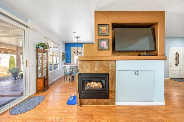 interior details featuring baseboards, wood finished floors, and a multi sided fireplace