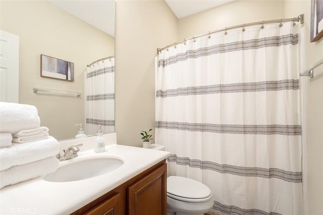 full bathroom featuring a shower with curtain, vanity, and toilet